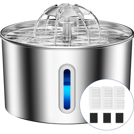 Balimo Katzenbrunnen Edelstahl, 2,2 L Superleise Trinkbrunnen für Katze mit Vierfaches Filtersystem & LED-Licht, mit 3 Aktivkohlefilter