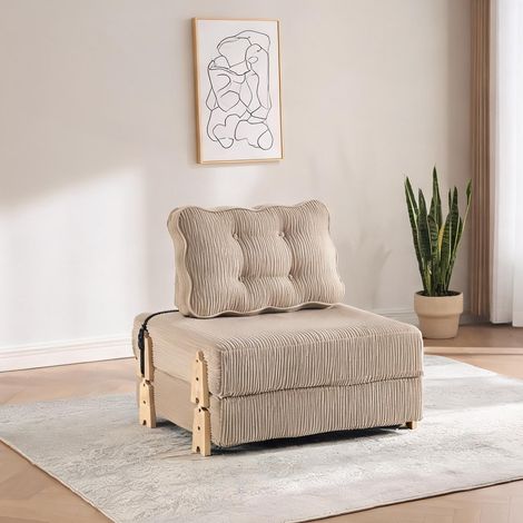 Fauteuil convertible en velours côtelé beige avec piètement bois (1/5)