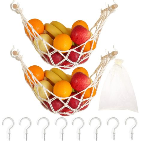 Panier à fruits suspendu en macramé pour ranger les bananes et autres fruits sous les placards de cuisine, avec crochets pour la décoration. (1/5)