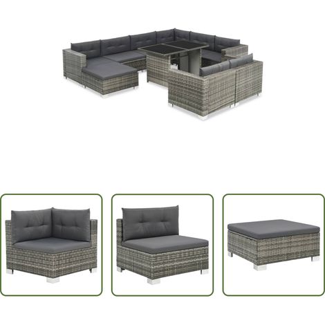 vidaXL Canapé en résine - Salon de jardin 10 pcs avec coussins Résine tressée Gris (1/5)
