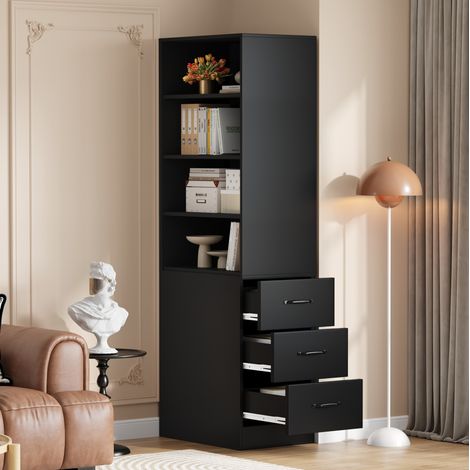 REDOM - Librería 60x38x180 cm, estantería estrecha con 3 cajones laterales, 2 estantes ajustables, tablero de partículas negro (1/5)