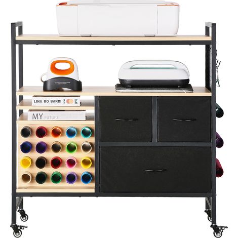 Mophorn Chariot de Rangement, Compatible avec les Plotters de Découpe, Table de Travail Artisanal avec 20 Porte-rouleaux de Vinyle et 3 Tiroirs, Poste de Travail avec Roues, pour Salle d’Artisanat (1/5)