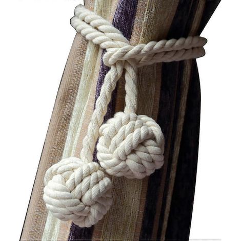 Handgeflochtene Gardinenhalter mit doppelten, handgefertigten Quasten aus Baumwollseil (2er-Set) – Weiß