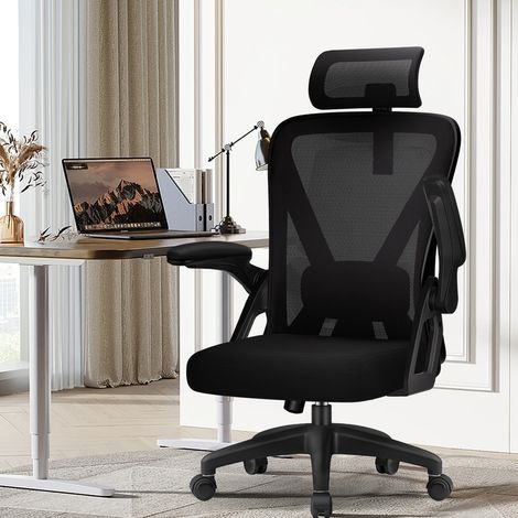 Sedia Ufficio, Sedia Ergonomica con Rotelle, Braccioli Pieghevoli e Supporto Lombare, Sedia Scrivania con Poggiatesta Regolabile, 150 kg