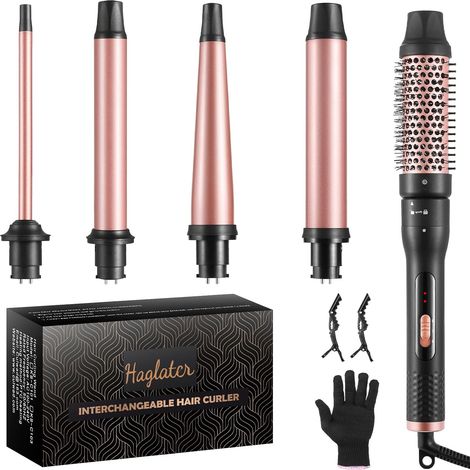 5 in 1 Curling Iron Thermal Brush, Wavy Curler (9 mm-32 mm), Curling Iron Kit, Fast Heat and One with Glove, for Travel and Gifts (1/5)