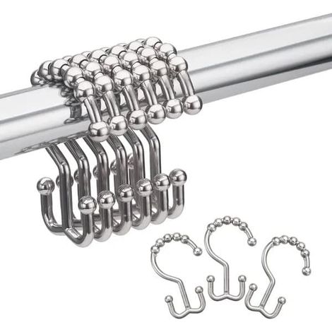 Crochets de rideau de douche à double rouleau et boule, chromés, lot de 12. (1/5)