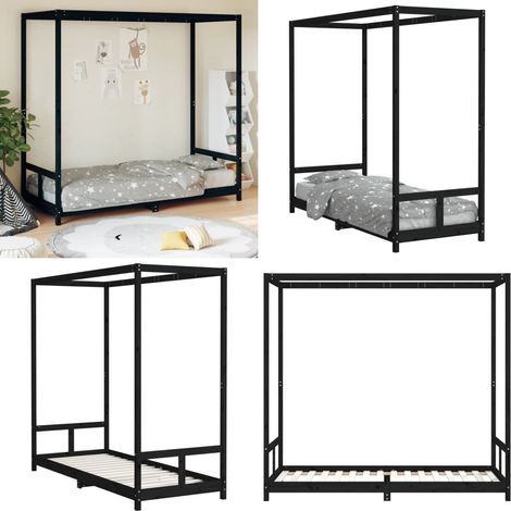 Estructura de cama para niños madera de pino negro 80x200 cm - Cama de madera - Cama de pino