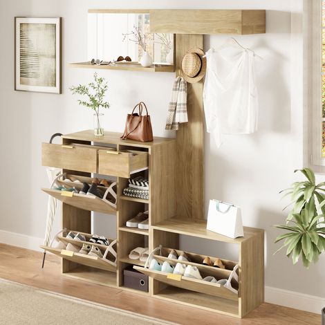 Ensemble rangement mural 4 pièces pour entrée 130×30×174 cm : meuble à chaussures, banc, miroir mural et porte-manteau. Grand espace de rangement, design élégant pour l'entrée. (1/5)