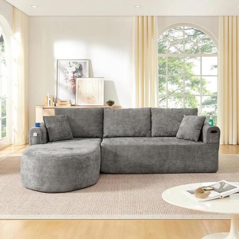 Canapé d'angle - KOMHTOM - L modulable - Tissu lin gris - Porte-gobelet inox - Livré monté (1/5)