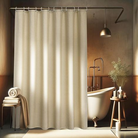 Rideau de douche 200x200 Beige Lin Texturé Imperméable, Rideau de Douche en Tissu Lourd Polyester, Rideau de Luxe Hôtel Anti-Moisissure pour Salle de Bain avec 14 Anneaux (1/5)