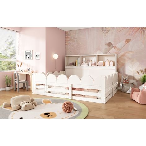 Kinderbodenbett 140x200 cm Weiß mit Tür und Regal, ohne Matratze – MEUBLIV (1/5)