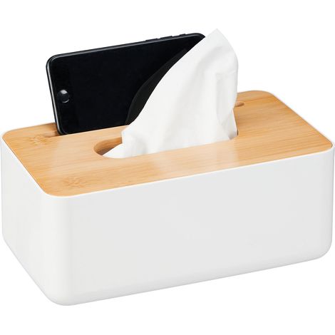 Relaxdays Tissue Box, Bamboo Lid, with Mobile Holder, Bathroom Paper Dispenser, HxWxD: 10 x 23 x 13 cm, White/Natural (1/5)