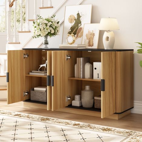 Buffet 139x40x75 cm naturel en panneaux de particules avec 4 portes rainurées et fermeture silencieuse (1/5)
