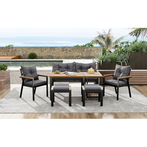 Ensemble mobilier de jardin en acacia massif, 7 places, salon extérieur avec fauteuils, table et desserte démontable, incluant protection textile lavable. (1/5)