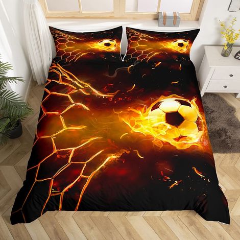 Parure de lit avec housse de couette 135 x 200 cm et 1 taies d'oreiller de 80 x 80 cm Motif football, sport Décoration de chambre pour adolescent, garçon Noir/orange flamme (1/5)