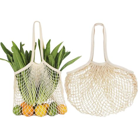 Lot de 2 sacs à provisions en maille beige, 35 x 35 cm, réutilisables, avec longues poignées, sac en filet portable pour l'achat de fruits et légumes (1/5)