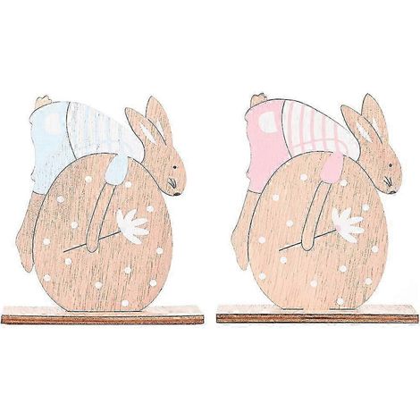 Lot de 2 statues de lapins rustiques en bois sculpté - Décoration intérieure - Sculpture animale - 13 x 11 cm (1/5)