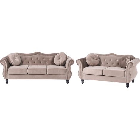 Living Room Set Taupe Velvet 2 Seater 3 Seater Nailhead Trim Button Tufted Throw Pillows Rolled Arms Glam SKIEN (1/5)