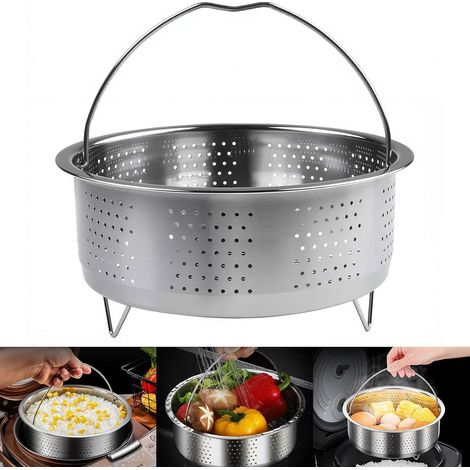 Inserto redondo para vaporera con asa, Ø 20 cm, fabricado en acero inoxidable 304, para ollas, ollas a presión, verduras, frutas y huevos. (1/5)