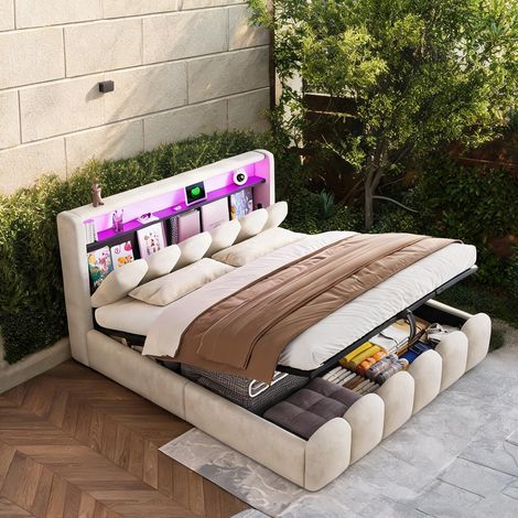 Cadre de lit beige en upholstered 189 x 228,5 x 110,5 cm (1/5)