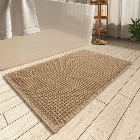 Tapis de bain gaufré, super absorbant, antidérapant, lavable en machine avec glands, ultra doux, envers en caoutchouc, 45,7 x 76,2 cm, marron (1/5)