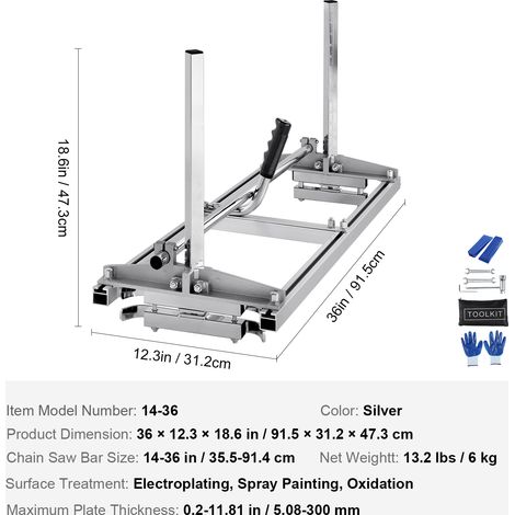 Mophorn Tragbares Sägewerk, 14„-36“ Führungsschiene, verzinkter Stahl, Kettensägenbretter 0.2„-11.81“ Dicke, Schnittholz Kappsägewerk für Bauherren, Silber (1/4)