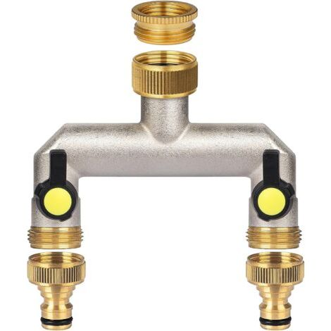 2 Voies en Laiton avec 1/2 Pouce Adaptateur,Vanne 2 Voies Distributeur avec Vannes à Bille Séparées,3/4 Pouce (26.5mm) Adaptateur Tuyau Arrosage pour Régler et Arrêter Le Débit d'eau (1/5)