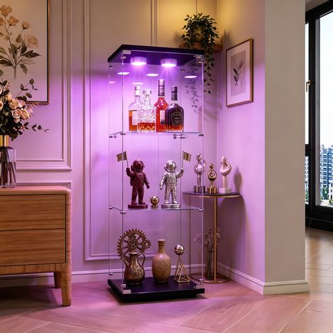 JOOKGBD-Vitrine en Verre LED,Vitrine pour Collection,casiers,Armoire Vitrine Pour Collection avec 1 Porte 3 étagères Transparent,Meuble VITRINES Verre,Noir (1/5)