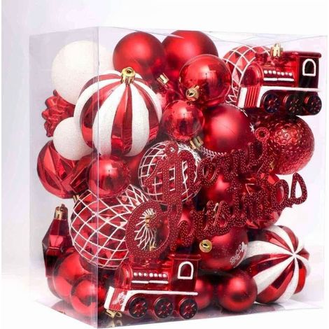Boule De Noel - 65 Pièces Boules De Noël Incassables Rouge Et Blanc Avec Panneau Joyeux Noël - Décoration Arbre Intérieur Extérieur (1/4)