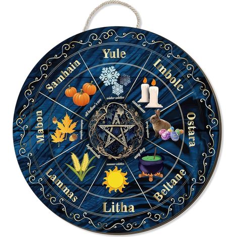 Rad des Jahres Holz-Wandschild, 30 cm, Sabbats, nordisches heidnisches Schild, Hexe, Rune, Holz, graviertes Brett, Wicca-Feiertage, Wicca-Kalender, himmlisches Schild, Dekor, Weihnachtsschild, handgef