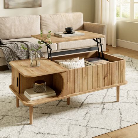 Couchtisch Modern Retro, höhenverstellbare Tischplatte, verschiebbare Tür, Holz-Optik, vertikale Rillen, Holzbeine, multifunktionaler Wohnzimmertisch (1/5)