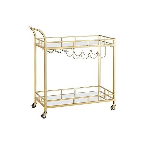 Vasagle – Desserte de cuisine dorée 80 x 38 x 77,5 cm – 2 niveaux en verre réfléchissant – 4 porte-bouteilles et porte-verres – Chariot à roulettes avec freins (1/5)