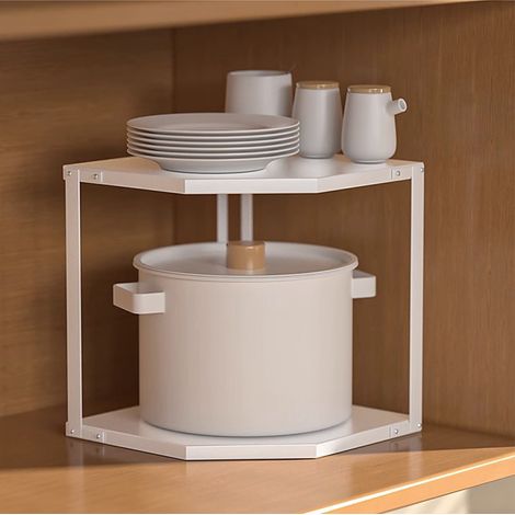 Étagère d'angle de cuisine compacte en forme d'éventail, gain de place, stable, en acier au carbone, support pour casseroles et poêles, 2 niveaux, blanc, 27 x 27 x 27,6 cm (1/5)