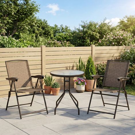 Ensemble de mobilier d'extérieur 3 pièces comprenant une table basse et deux chaises, pliable et réglable, en textilène marron.