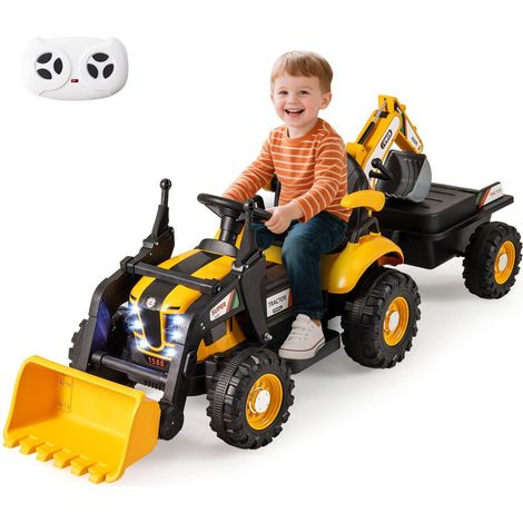 Tracteur électrique enfant jaune 12V avec remorque, pelle excavatrice et télécommande, siège réglable pour jardin, parc et cour (1/2)