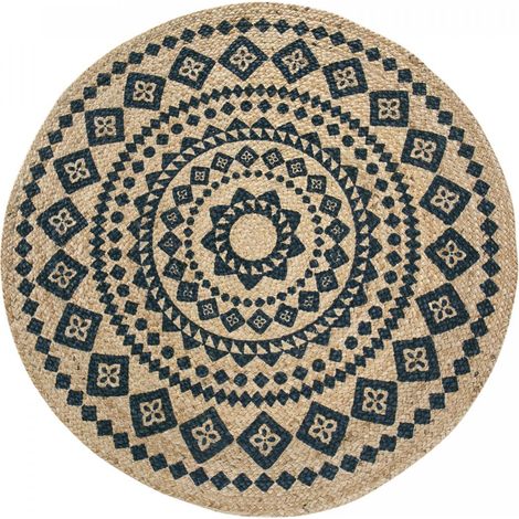 Tapis rond tissé Ø120cm beige et bleu en jute motif ethnique pour salon BLARON (1/3)