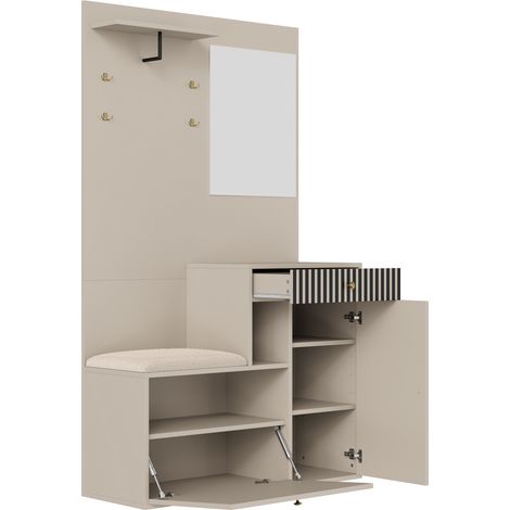 Ensemble de mobilier d'entrée avec miroir, coussin, étagères réglables et porte-manteaux 110x185,5x37 cm beige gris (1/5)