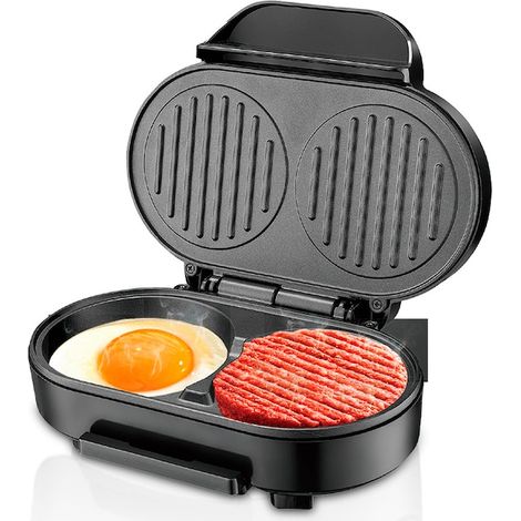 Appareil à œufs au plat, grill électrique d'intérieur et presse à panini (2 portions), 1000 W, plaques antiadhésives, acier inoxydable, compact, argent/noir (1/5)