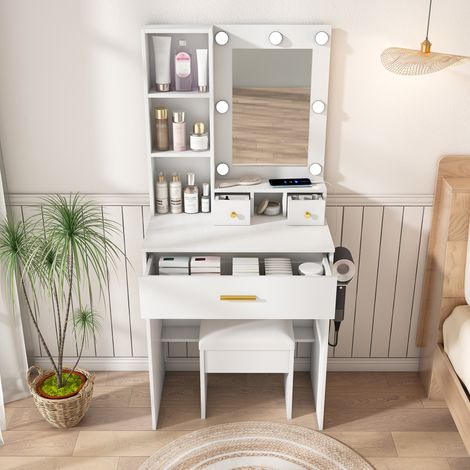Petit ensemble coiffeuse avec miroir, éclairage LED réglable, prise électrique, support pour sèche-cheveux et tabouret rembourré - coiffeuse avec tiroirs et étagère, L 60 x H 131,5 x P 38 cm