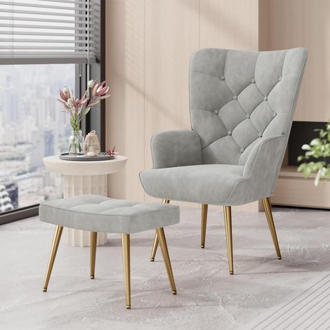 Loungesessel mit Hocker, modern, Samt, goldene Metallfüße, bis 150 kg, Grau (1/5)
