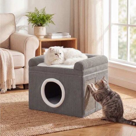 Indoor Cat Beds, Sisal Scratching Mat, Soft Cushion, Cat Cave, Non-Slip Bottom, for Pets, Grey (1/5)
