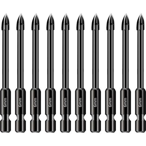 Lot de 10 forets de 6 mm pour carrelage et verre, Tige hexagonale 1/4 en carbure de tungstène, Outil de perçage pour porcelaine, céramique, miroirs, béton, mur de brique, verre (1/4)