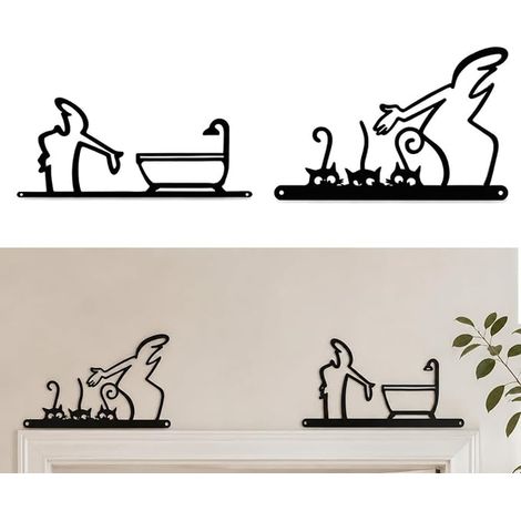 Ornement Cadre Porte, Decoration Murale Metal Abstraite, Noir Chat Décoration et Plaque WC, 3D Deco Salle de Bain pour Châssis Mur Baignoire (1/5)