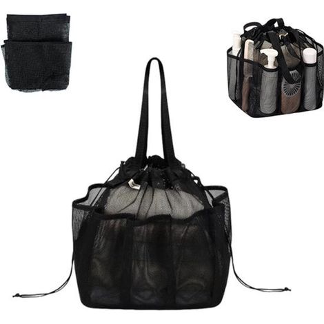 Trousse de toilette de camping pliable en filet noir avec cordon de serrage et 7 poches extérieures - idéale pour le camping, les voyages et le rangement d'équipement de fitness. (1/5)
