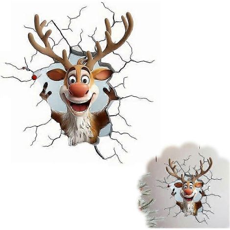 Sticker mural 3D représentant le Père Noël défonçant un mur, sticker mural en vinyle pour les fêtes