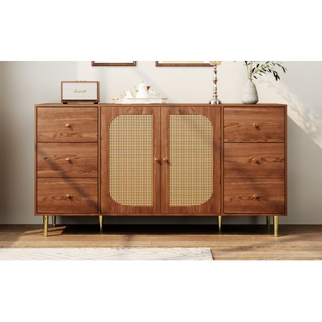 Buffet en rotin avec tiroir, meuble de rangement en bois massif, armoire autoportante pour cuisine, salon ou maison, teinte marron, dimensions 160 x 40 x 90 cm (1/5)