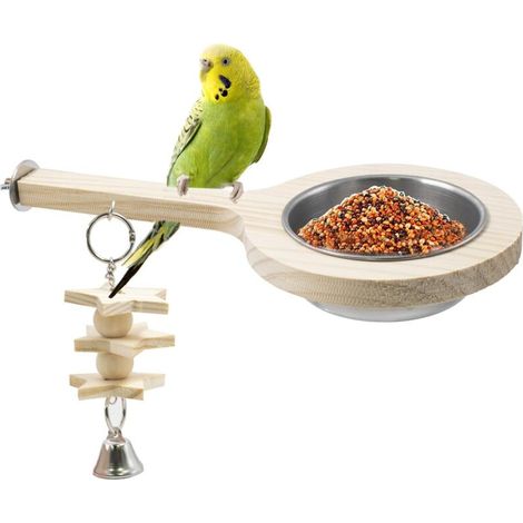 Soporte para pájaros con comedero, soporte de madera para loros con juguete para masticar, accesorios para jaulas de pájaros para loros, agapornis, cacatúas, cotorras monje y periquitos. (1/4)