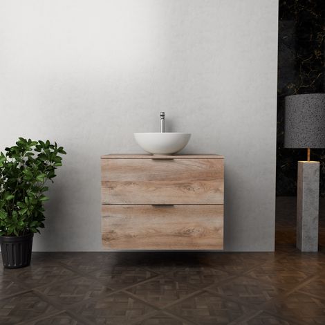 Inda - Badezimmerschrank B.80 mit Aufsatzwaschbecken / Natureiche 2 Schubladen - Topazio