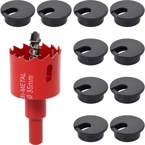 Lot de 10 passe-câbles de bureau, avec scie cloche de 35 mm et 1 adaptateur hexagonal, passe-câbles pour table, bureau, plan de travail (noir) (1/5)