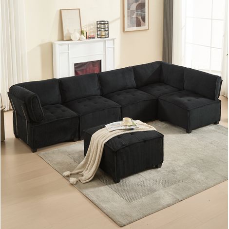 Canapé modulable 6 places 308 cm en tissu cord noir HAVRYA (1/5)